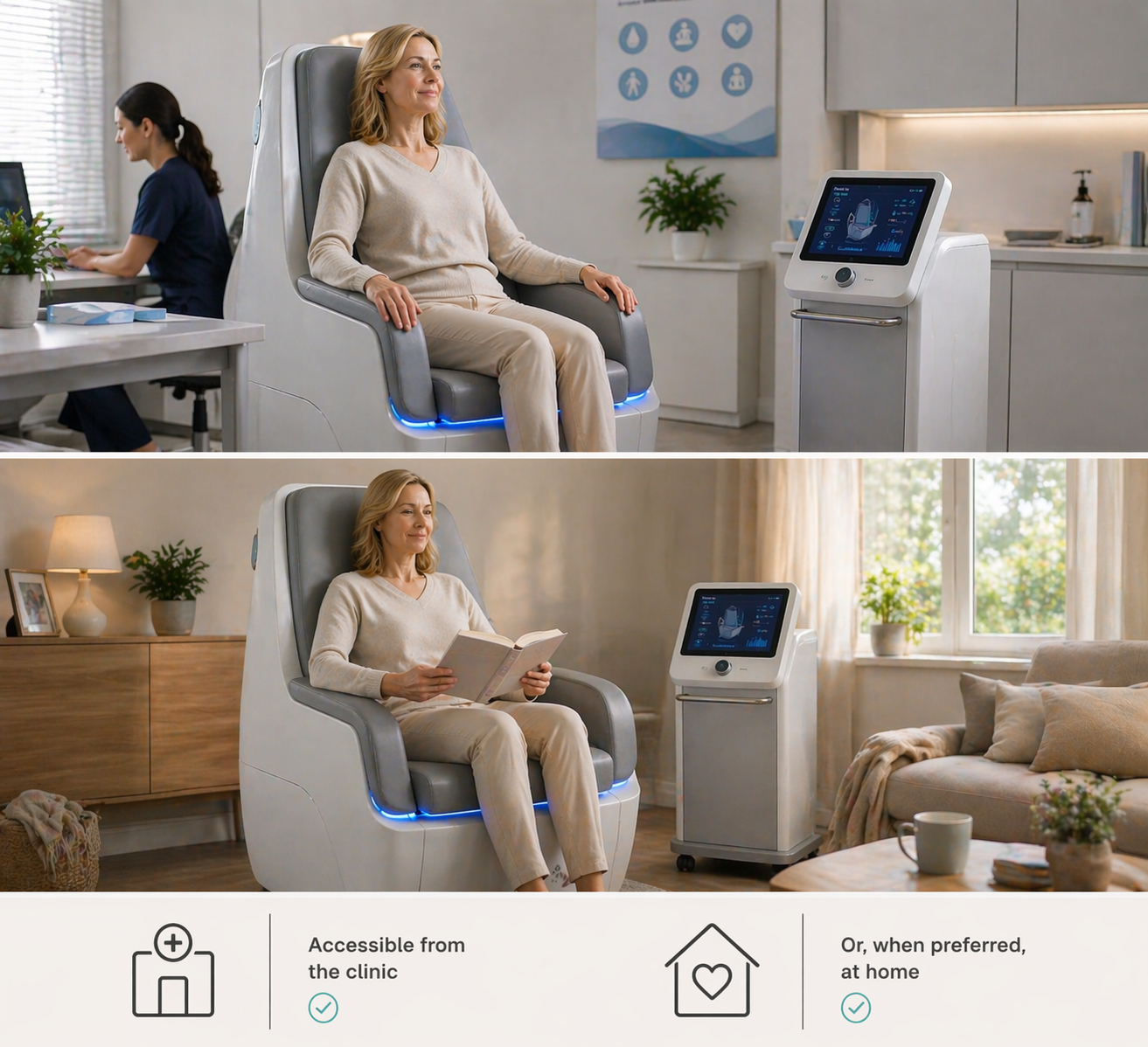 A person sitting comfortably on an EMS treatment chair in a private home setting. The room is designed to feel cozy and discreet, with soft lighting and personal touches that create a sense of comfort and privacy.